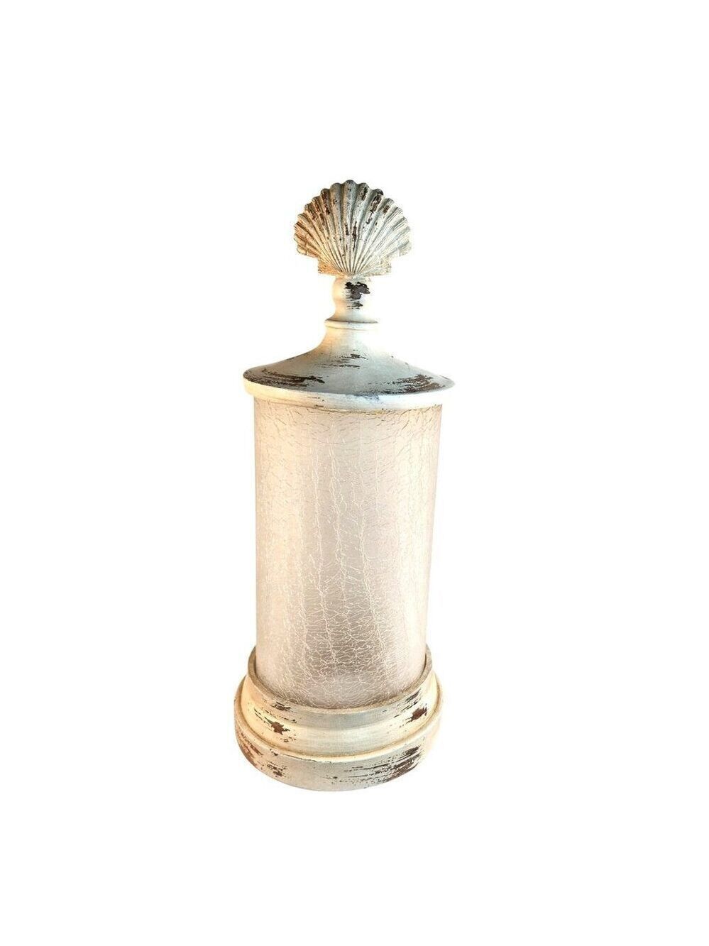 Seaside Themed Crackled Glass Decorative Jar Distressed White Lid Shell Finial